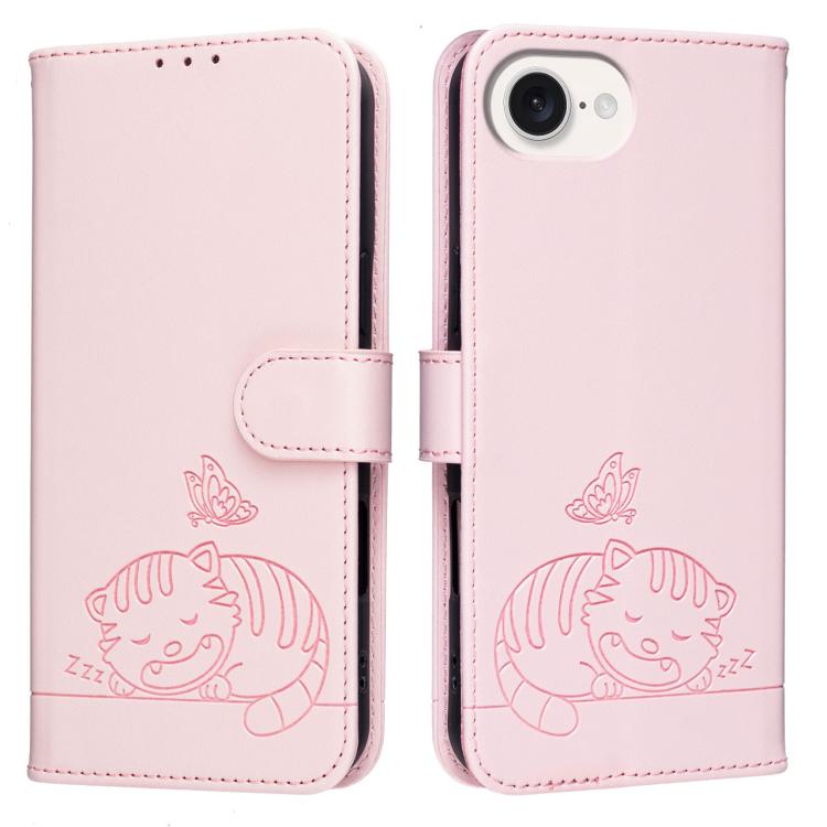 For iPhone 17e / 16e Cat Butterfly Embossed RFID Vegan Leather Phone Case with Strap