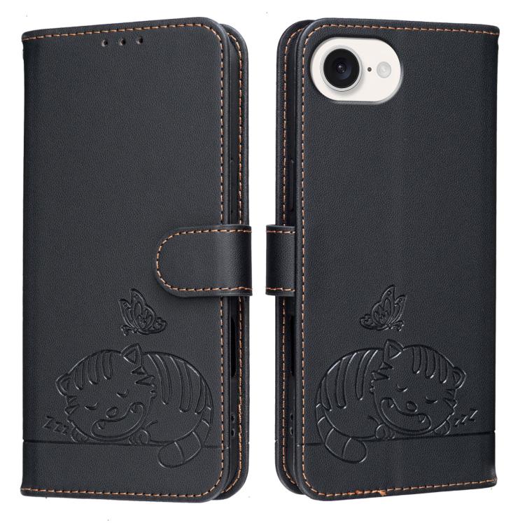 For iPhone 17e / 16e Cat Butterfly Embossed RFID Vegan Leather Phone Case with Strap