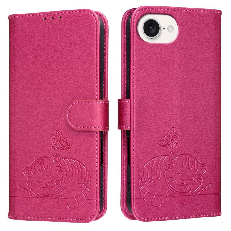 For iPhone 17e / 16e Cat Butterfly Embossed RFID Vegan Leather Phone Case with Strap