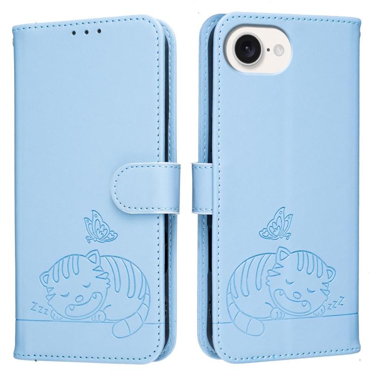 For iPhone 17e / 16e Cat Butterfly Embossed RFID Vegan Leather Phone Case with Strap