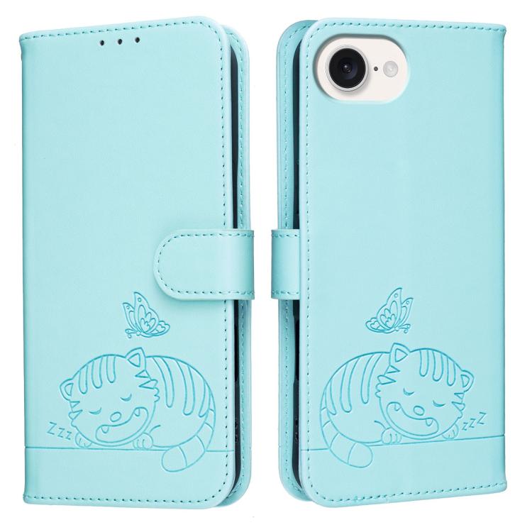 For iPhone 17e / 16e Cat Butterfly Embossed RFID Vegan Leather Phone Case with Strap