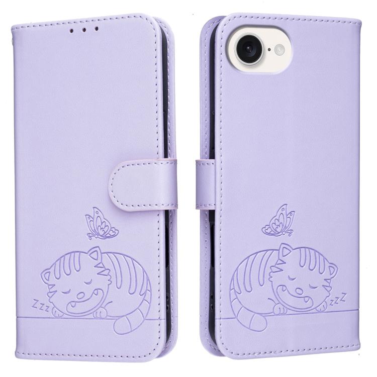 For iPhone 17e / 16e Cat Butterfly Embossed RFID Vegan Leather Phone Case with Strap