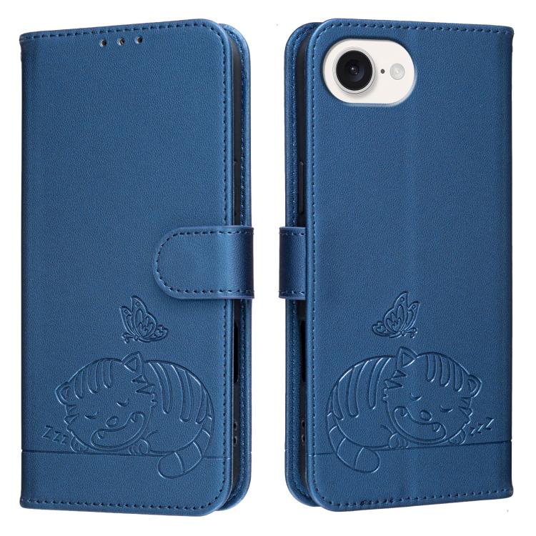 For iPhone 17e / 16e Cat Butterfly Embossed RFID Vegan Leather Phone Case with Strap