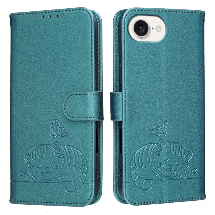 For iPhone 17e / 16e Cat Butterfly Embossed RFID Vegan Leather Phone Case with Strap