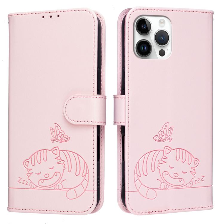 For iPhone 12 Pro Max Cat Butterfly Embossed RFID Vegan Leather Phone Case with Strap