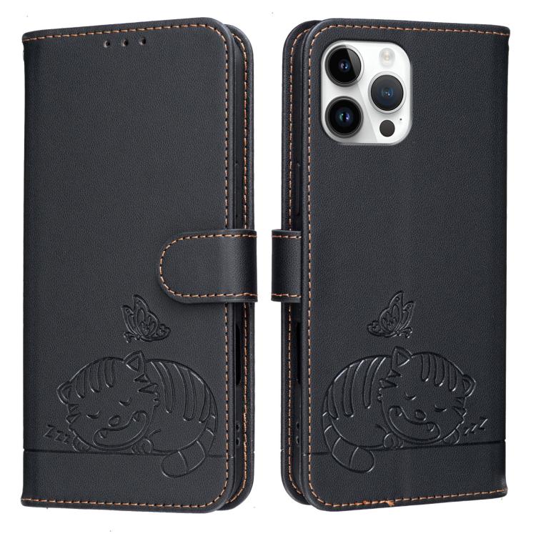 For iPhone 12 Pro Max Cat Butterfly Embossed RFID Vegan Leather Phone Case with Strap