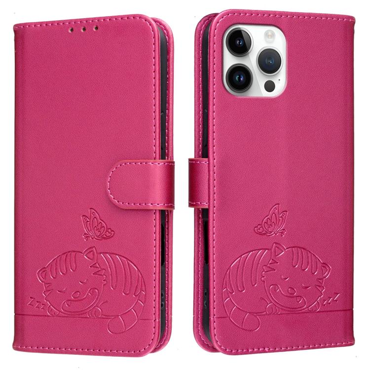 For iPhone 12 Pro Max Cat Butterfly Embossed RFID Vegan Leather Phone Case with Strap