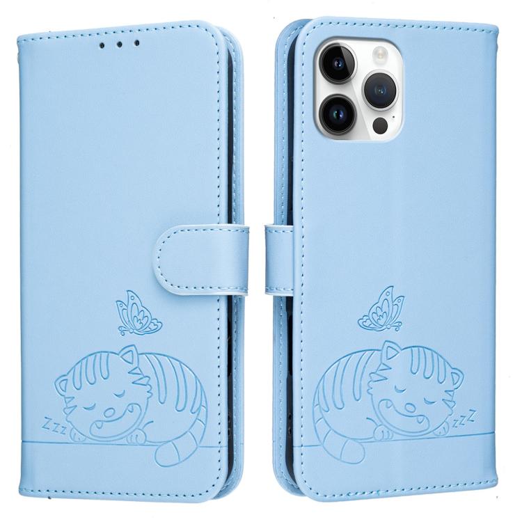 For iPhone 12 Pro Max Cat Butterfly Embossed RFID Vegan Leather Phone Case with Strap