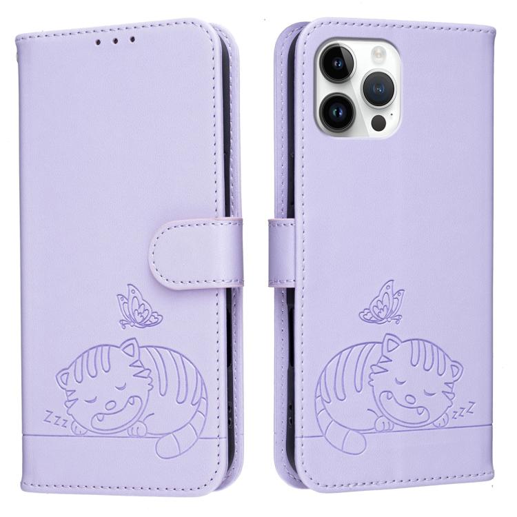 For iPhone 12 Pro Max Cat Butterfly Embossed RFID Vegan Leather Phone Case with Strap