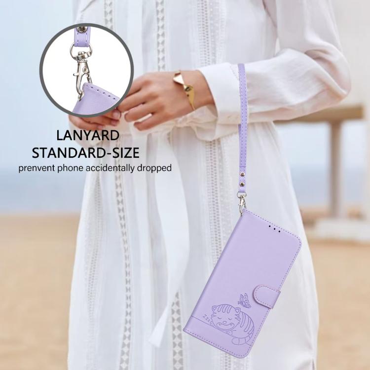 For iPhone 12 Pro Max Cat Butterfly Embossed RFID Vegan Leather Phone Case with Strap
