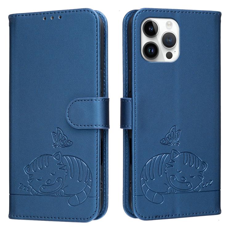 For iPhone 12 Pro Max Cat Butterfly Embossed RFID Vegan Leather Phone Case with Strap