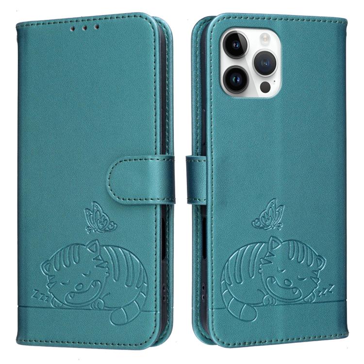 For iPhone 12 Pro Max Cat Butterfly Embossed RFID Vegan Leather Phone Case with Strap