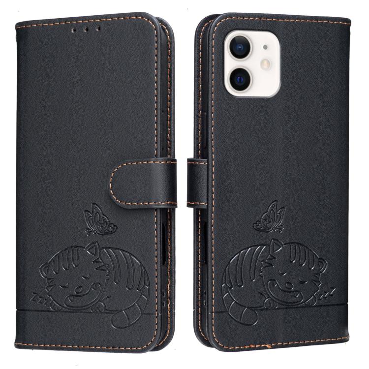 For iPhone 12 mini Cat Butterfly Embossed RFID Vegan Leather Phone Case with Strap