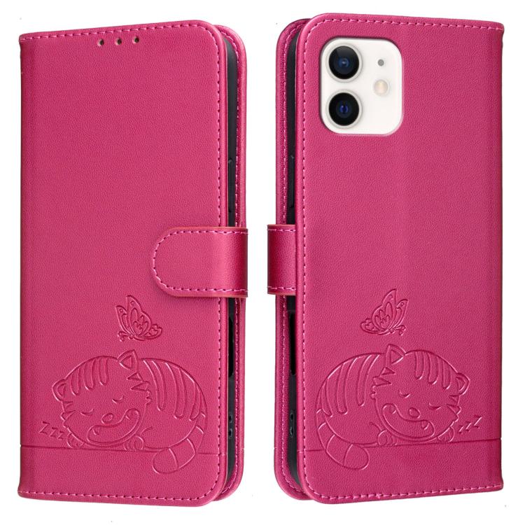 For iPhone 12 mini Cat Butterfly Embossed RFID Vegan Leather Phone Case with Strap