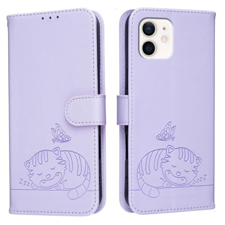 For iPhone 12 mini Cat Butterfly Embossed RFID Vegan Leather Phone Case with Strap