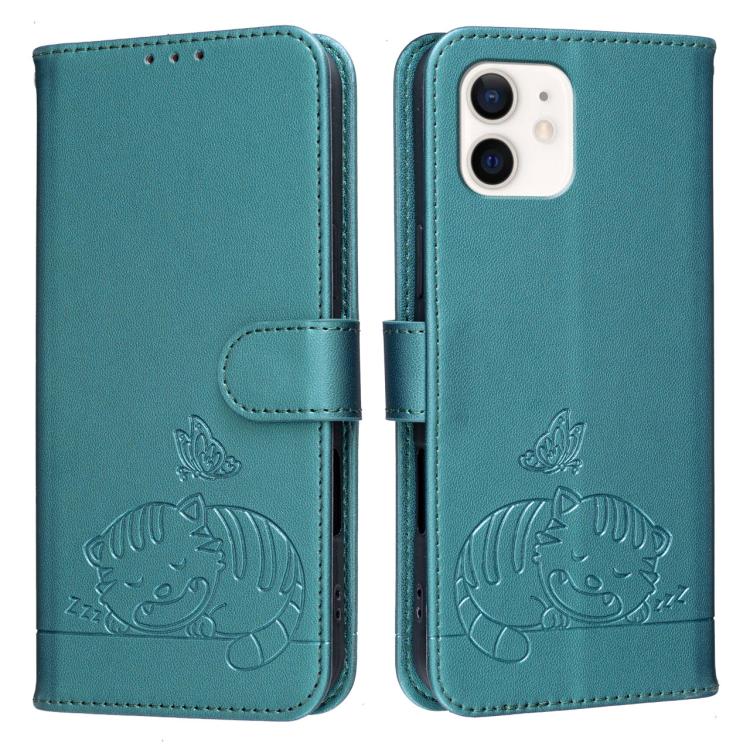 For iPhone 12 mini Cat Butterfly Embossed RFID Vegan Leather Phone Case with Strap