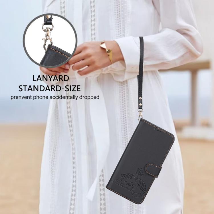 For iPhone 11 Pro Max Cat Butterfly Embossed RFID Vegan Leather Phone Case with Strap