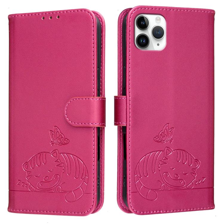 For iPhone 11 Pro Max Cat Butterfly Embossed RFID Vegan Leather Phone Case with Strap