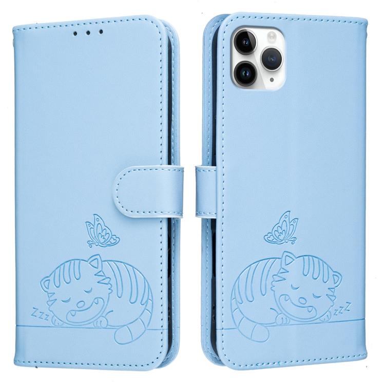 For iPhone 11 Pro Max Cat Butterfly Embossed RFID Vegan Leather Phone Case with Strap