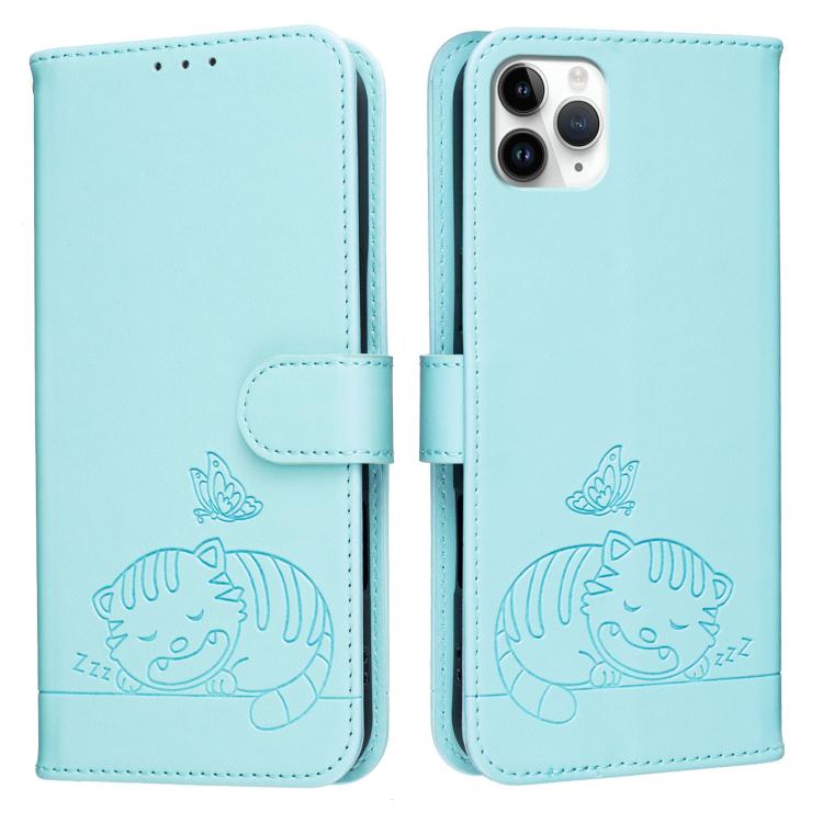 For iPhone 11 Pro Max Cat Butterfly Embossed RFID Vegan Leather Phone Case with Strap