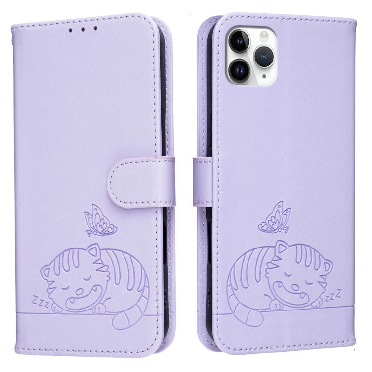For iPhone 11 Pro Max Cat Butterfly Embossed RFID Vegan Leather Phone Case with Strap