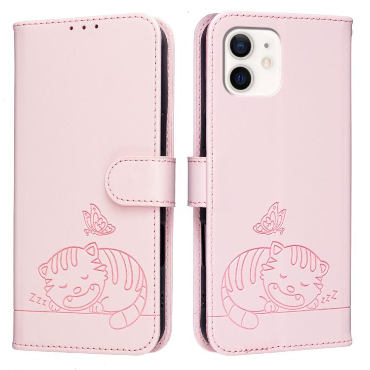 For iPhone 11 Cat Butterfly Embossed RFID Vegan Leather Phone Case with Strap
