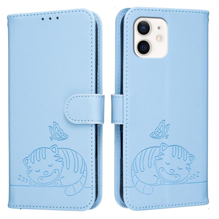 For iPhone 11 Cat Butterfly Embossed RFID Vegan Leather Phone Case with Strap