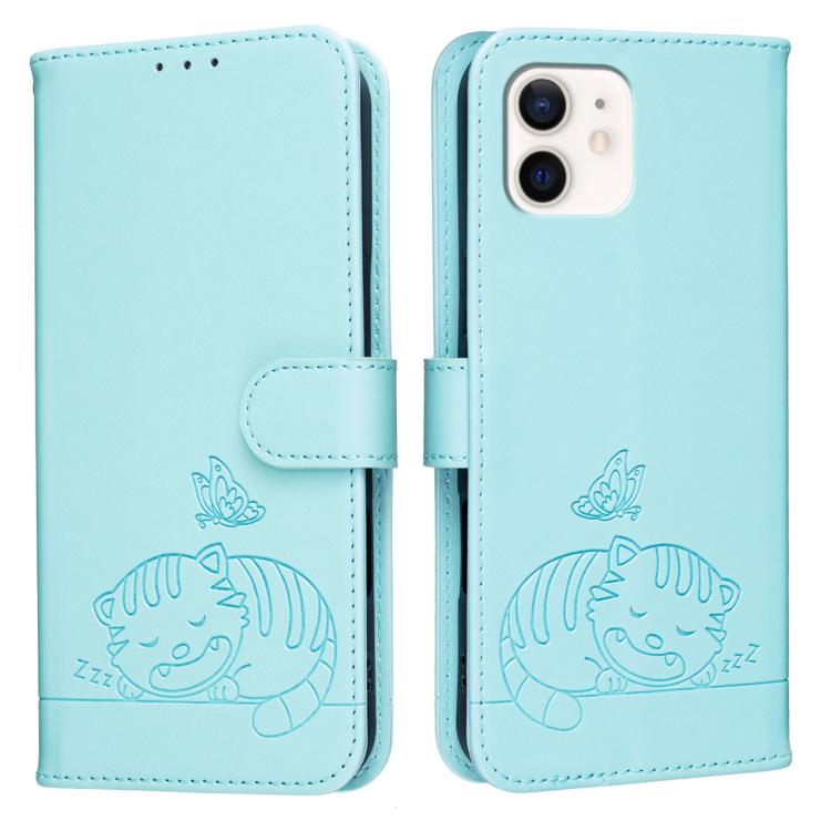 For iPhone 11 Cat Butterfly Embossed RFID Vegan Leather Phone Case with Strap