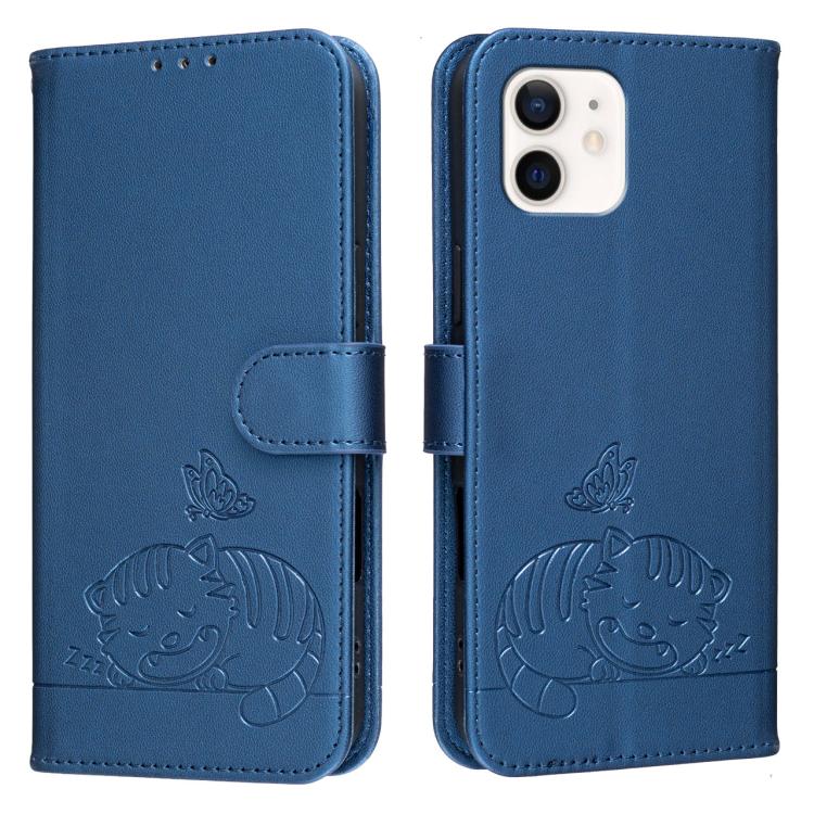 For iPhone 11 Cat Butterfly Embossed RFID Vegan Leather Phone Case with Strap