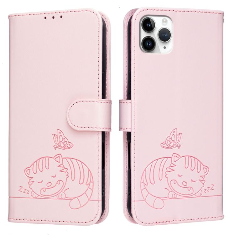 For iPhone 11 Pro Cat Butterfly Embossed RFID Vegan Leather Phone Case with Strap