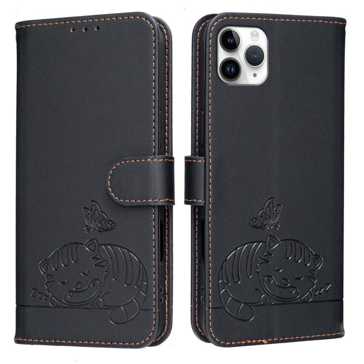 For iPhone 11 Pro Cat Butterfly Embossed RFID Vegan Leather Phone Case with Strap