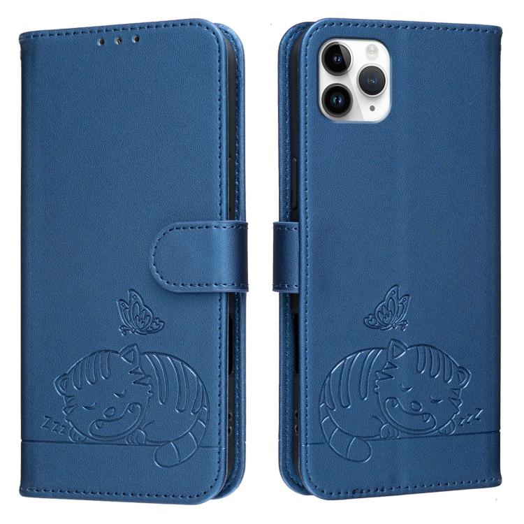 For iPhone 11 Pro Cat Butterfly Embossed RFID Vegan Leather Phone Case with Strap