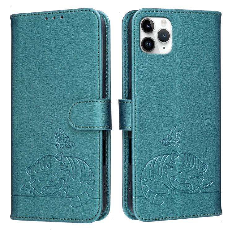 For iPhone 11 Pro Cat Butterfly Embossed RFID Vegan Leather Phone Case with Strap