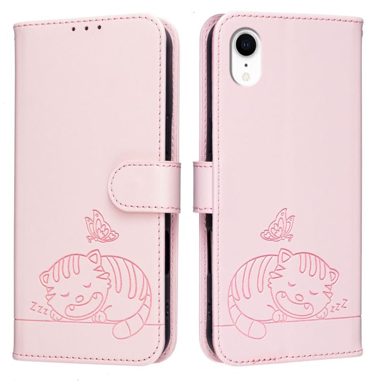For iPhone XR Cat Butterfly Embossed RFID Vegan Leather Phone Case with Strap