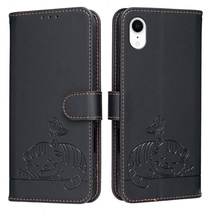 For iPhone XR Cat Butterfly Embossed RFID Vegan Leather Phone Case with Strap