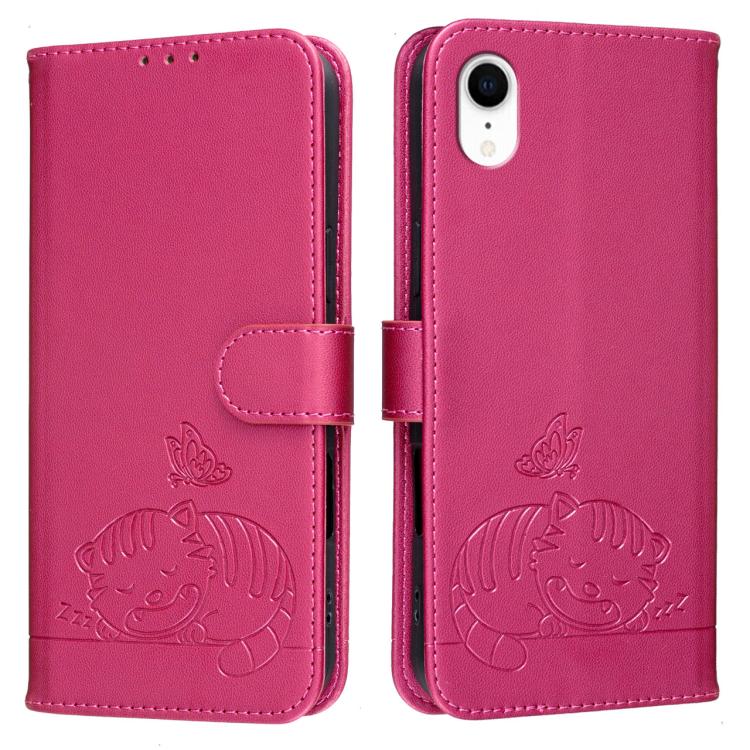 For iPhone XR Cat Butterfly Embossed RFID Vegan Leather Phone Case with Strap