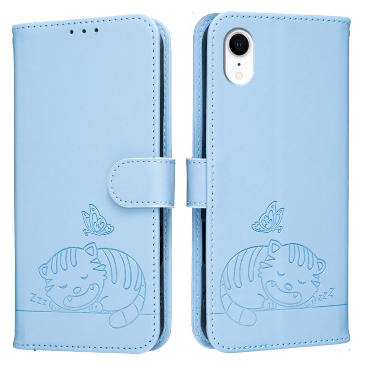 For iPhone XR Cat Butterfly Embossed RFID Vegan Leather Phone Case with Strap