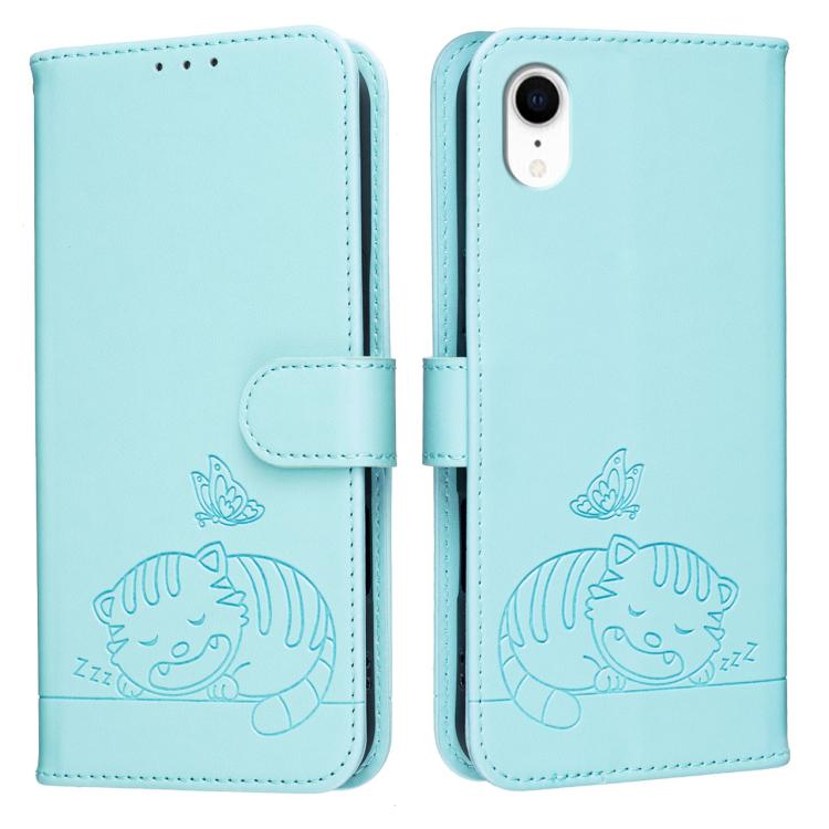 For iPhone XR Cat Butterfly Embossed RFID Vegan Leather Phone Case with Strap