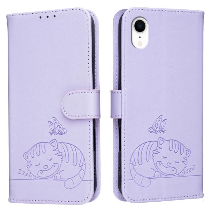 For iPhone XR Cat Butterfly Embossed RFID Vegan Leather Phone Case with Strap