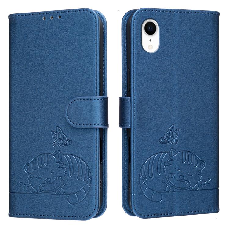 For iPhone XR Cat Butterfly Embossed RFID Vegan Leather Phone Case with Strap