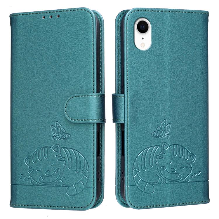 For iPhone XR Cat Butterfly Embossed RFID Vegan Leather Phone Case with Strap