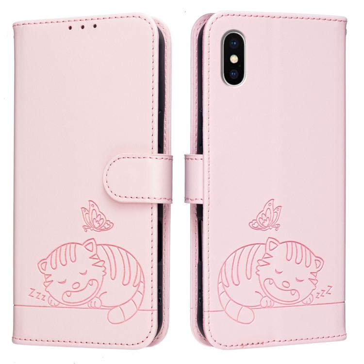 For iPhone X / XS Cat Butterfly Embossed RFID Vegan Leather Phone Case with Strap