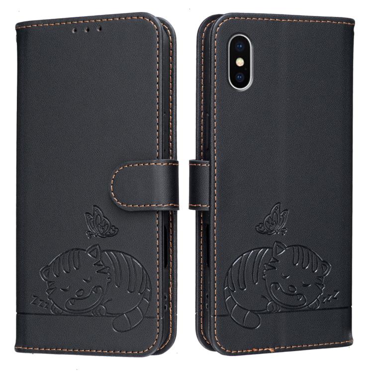 For iPhone X / XS Cat Butterfly Embossed RFID Vegan Leather Phone Case with Strap