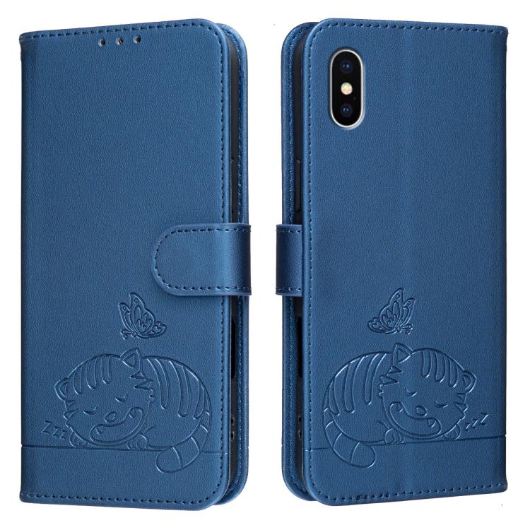 For iPhone X / XS Cat Butterfly Embossed RFID Vegan Leather Phone Case with Strap