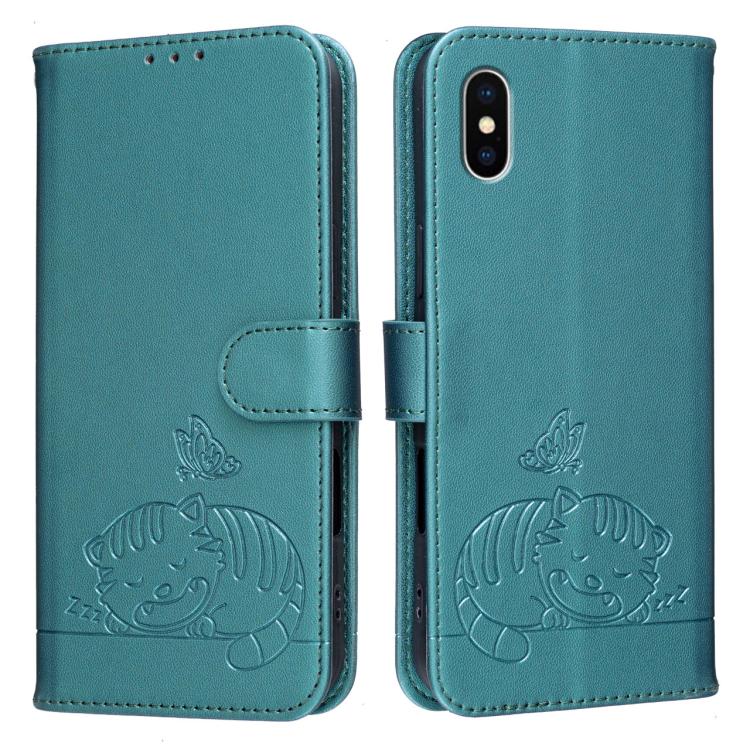 For iPhone X / XS Cat Butterfly Embossed RFID Vegan Leather Phone Case with Strap