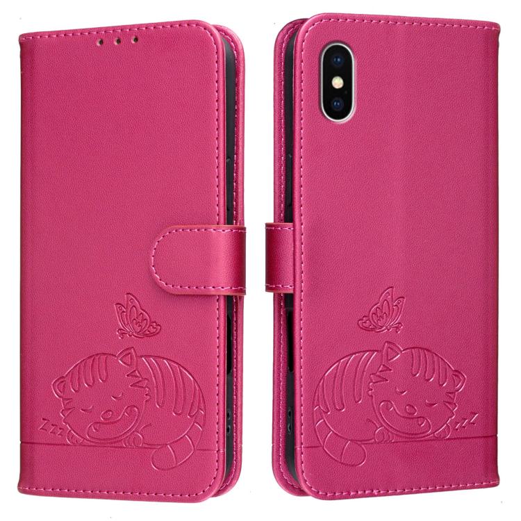 For iPhone XS Max Cat Butterfly Embossed RFID Vegan Leather Phone Case with Strap