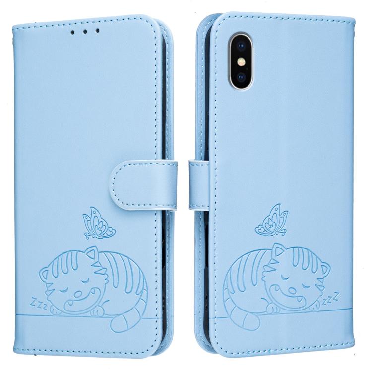 For iPhone XS Max Cat Butterfly Embossed RFID Vegan Leather Phone Case with Strap