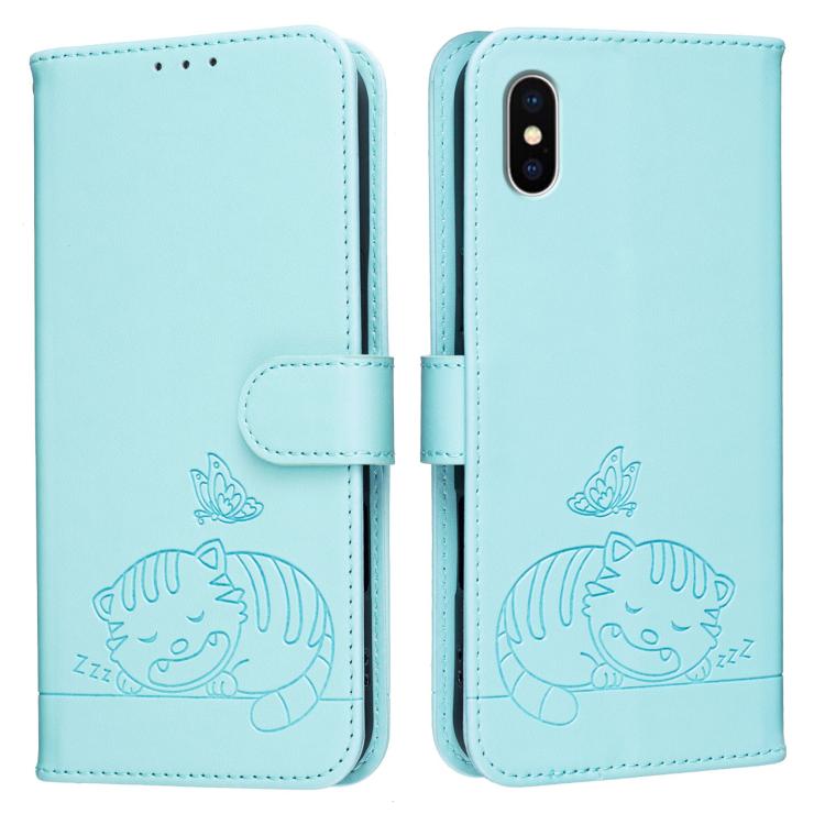 For iPhone XS Max Cat Butterfly Embossed RFID Vegan Leather Phone Case with Strap