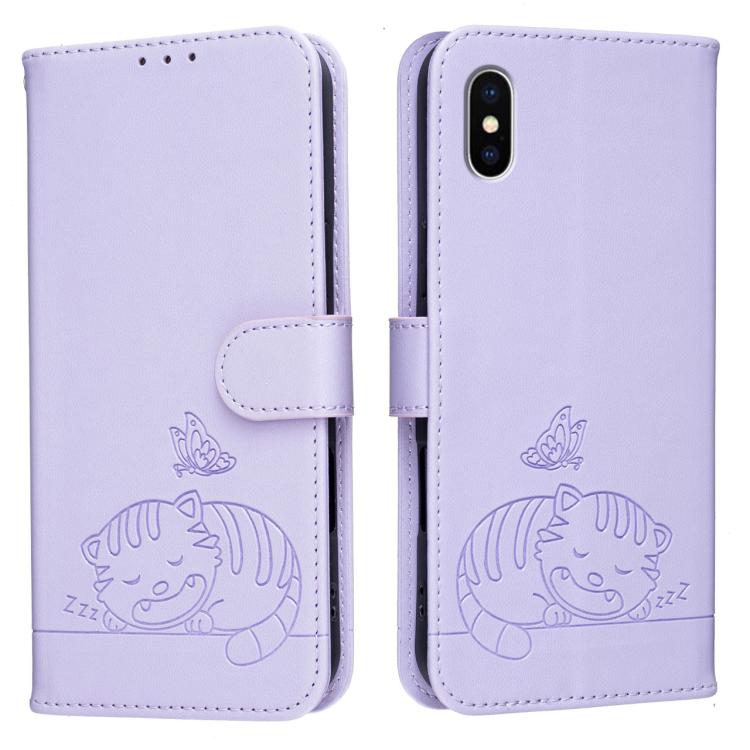 For iPhone XS Max Cat Butterfly Embossed RFID Vegan Leather Phone Case with Strap