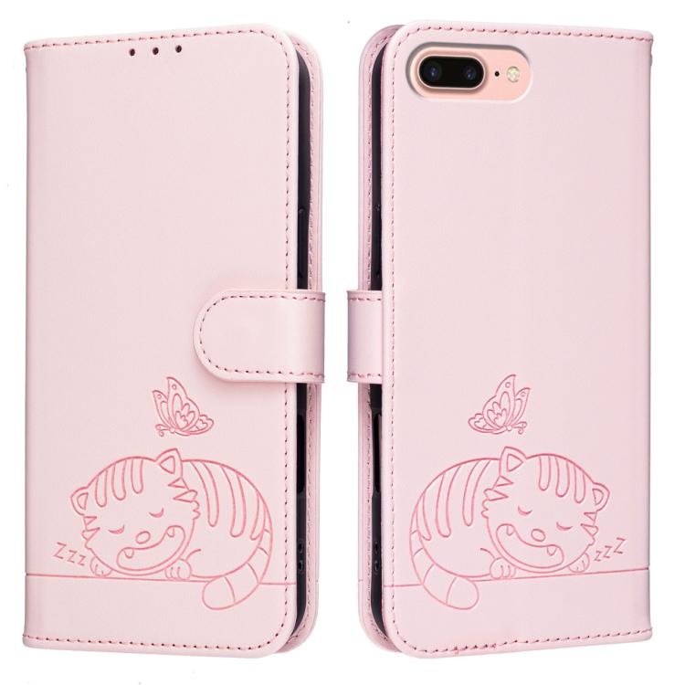 For iPhone 8 Plus / 7 Plus Cat Butterfly Embossed RFID Vegan Leather Phone Case with Strap